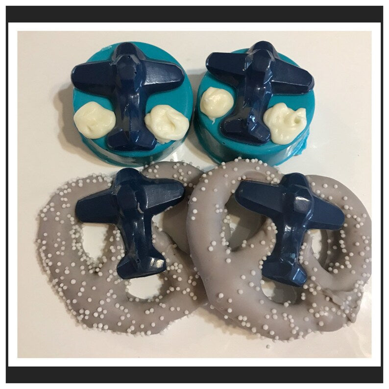 Airplane Themed Chocolate covered Pretzels, Oreos, and Krispie Treat pops